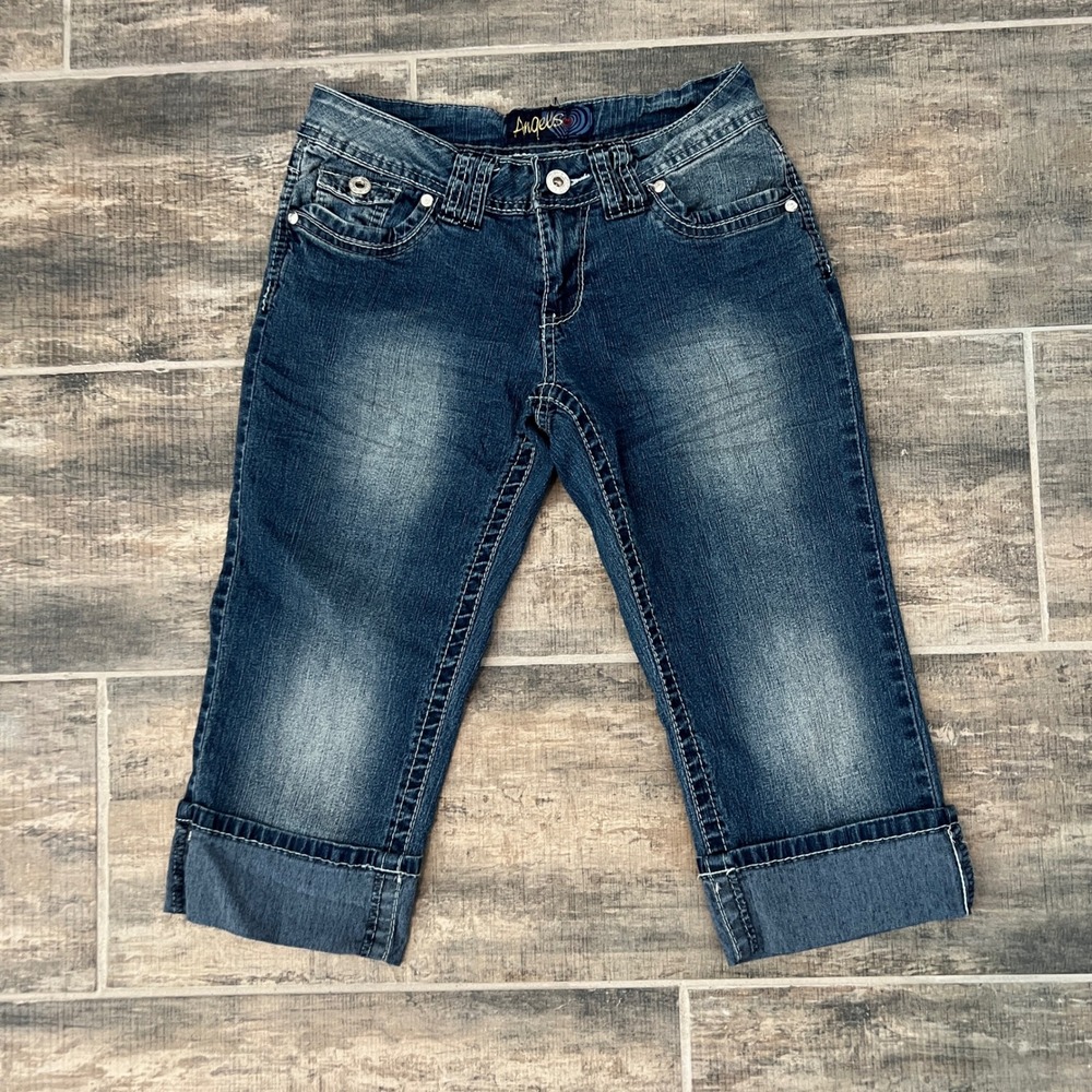 Y2K Angels Capri Jeans Blue Embroidered Rhinestone Low Rise Cuffed Cropped